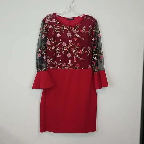 shein embroidered mesh dress Open Back Embroidered Mesh Dress -SHEIN(SHEINSIDE)